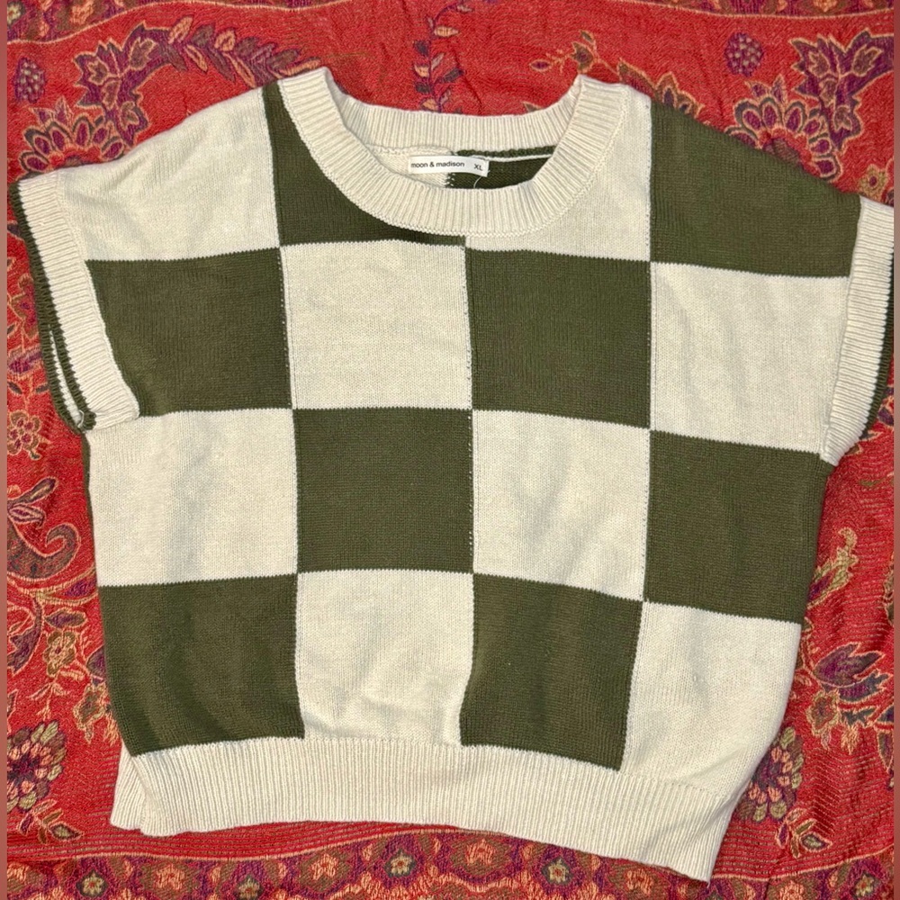 Green and Cream Checkered Sweater